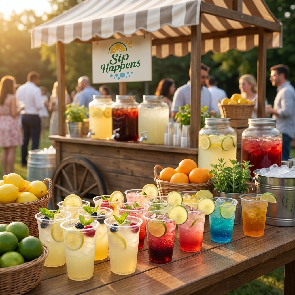 Sip Happens lemonade stand with jars of fresh lemonades and colorful drinks